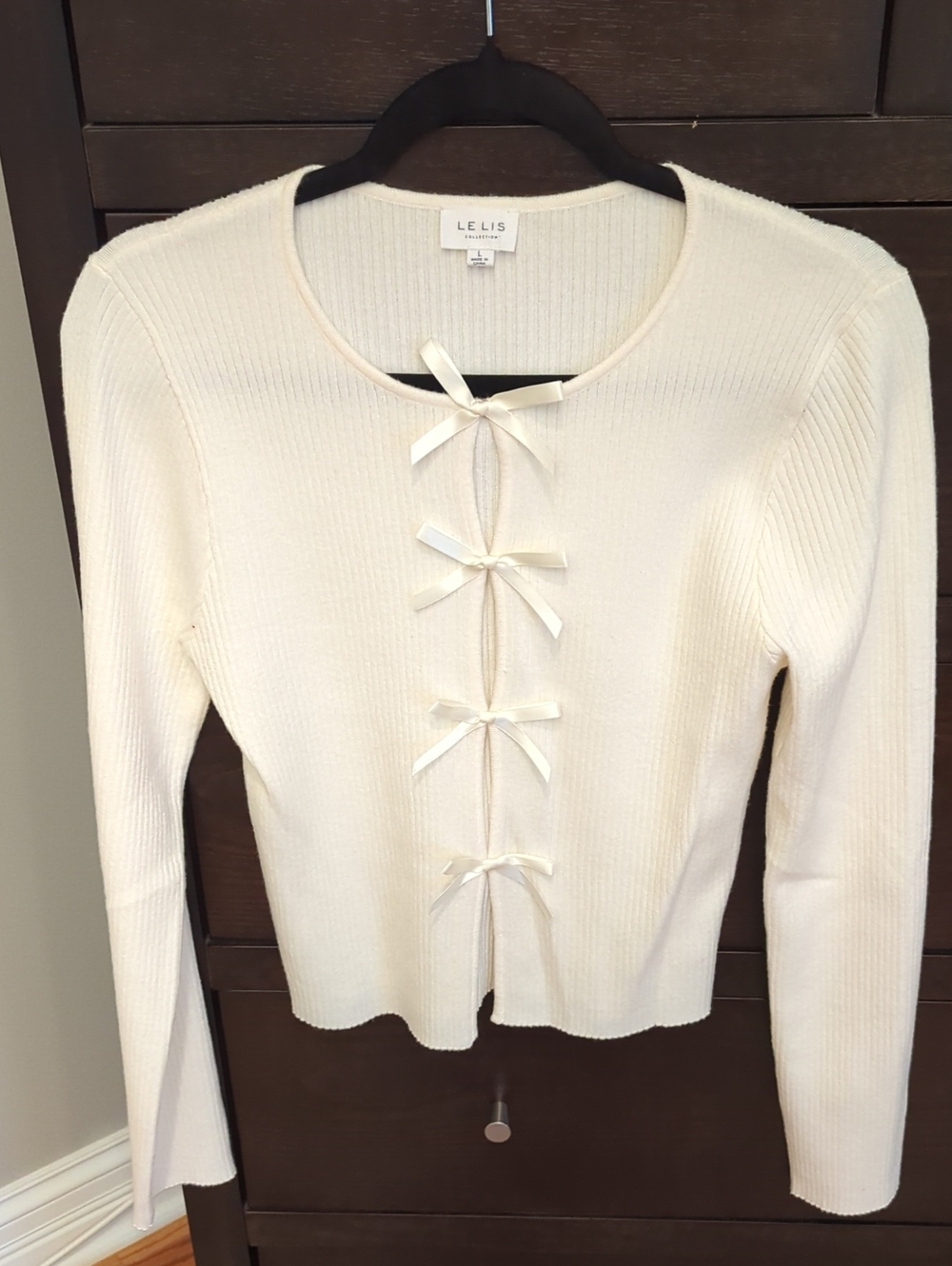Le Lis Cream Ribbed Bow-Front Long Sleeve Cardigan